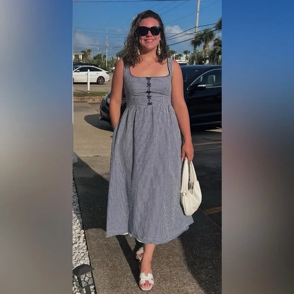 Caroline Constas Navy and White Gingham Maxi Dress - Picture 2 of 11